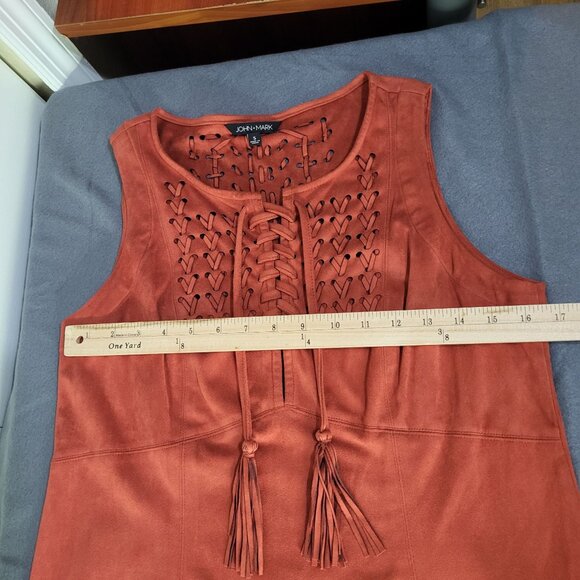 JOHN MARK Women's Small Faux Suede Sleeveless Top Tunic Orange Rust Tassel - Picture 6 of 9